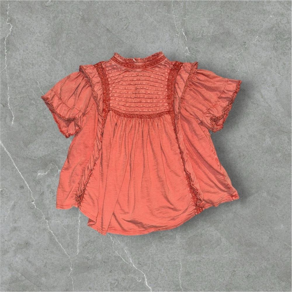 Free People Coral Ruffled Short Sleeve Top